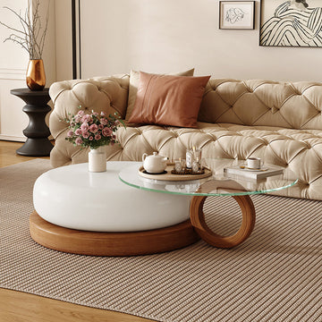 Modern Round Coffee Table – Glass Top & Solid Wood Leg